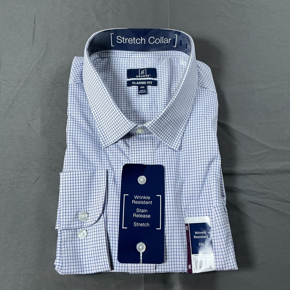 George Mens Classic Fit Dress Shirt 2XL Blue Check Wrinkle Resistant